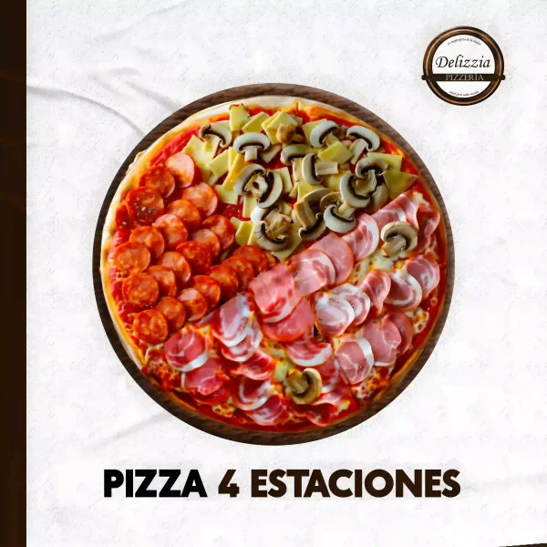 Pizza cuatro Estaciones Delizzia Pizzeria, dirección: Antonio Cordero 9-84 y, Ibarra 100108, teléfono: 0998758768